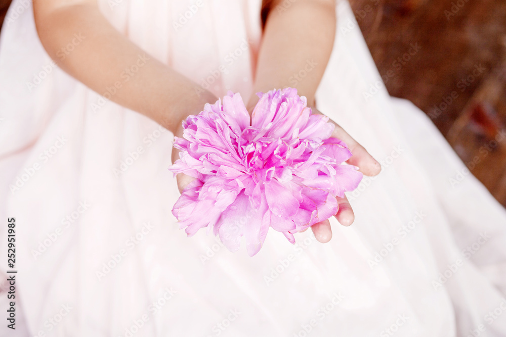 Girl holding a pink peony flower in hand. Close up picture Girl holding a pink peony flower in hand. Close up picture