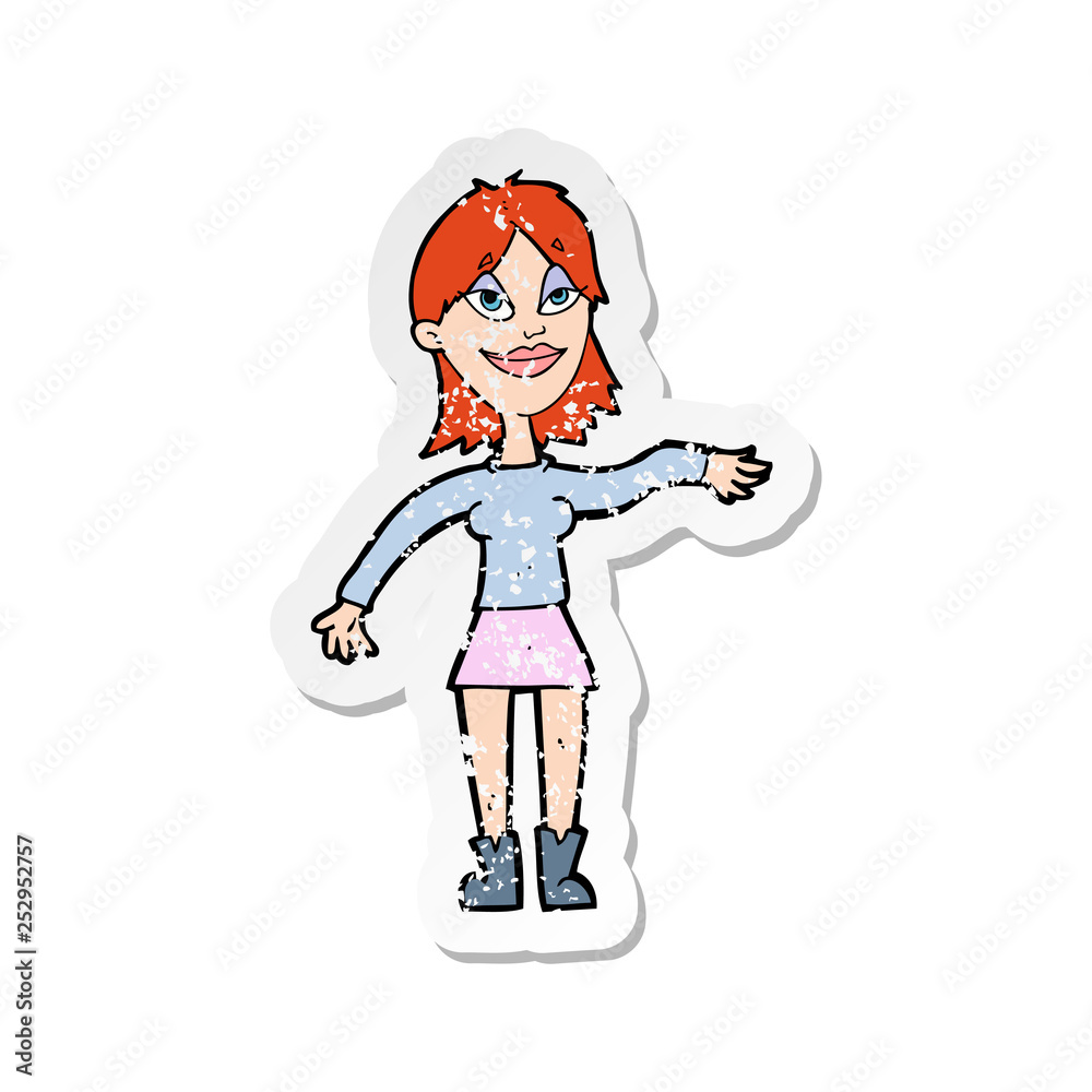 retro distressed sticker of a cartoon woman making hand gesture retro distressed sticker of a cartoon woman making hand gesture