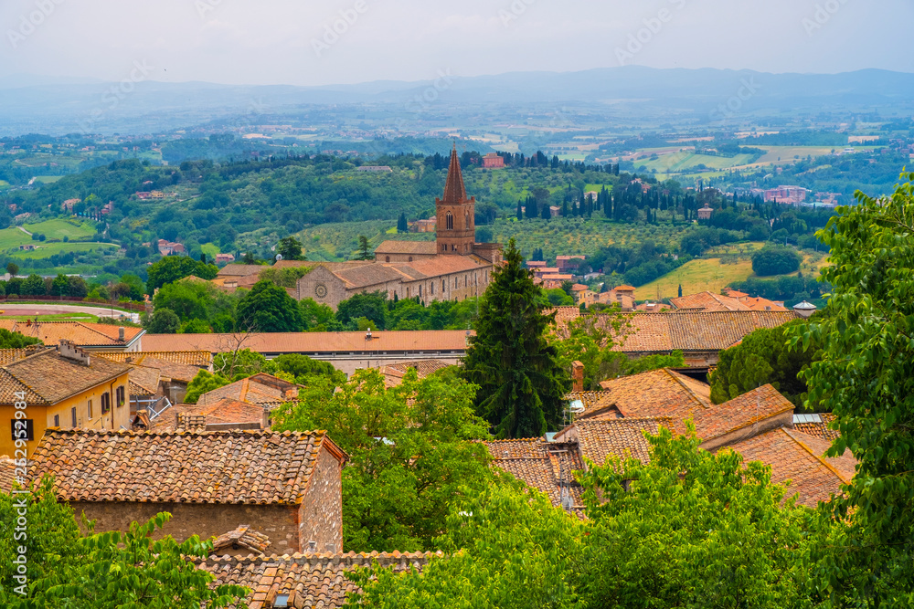 Perugia, Italy - Panoramic view of Perugia and Umbria region mountains and hills with St. Juliana Cistercian church and monastery - Chiesa di Santa Giuliana