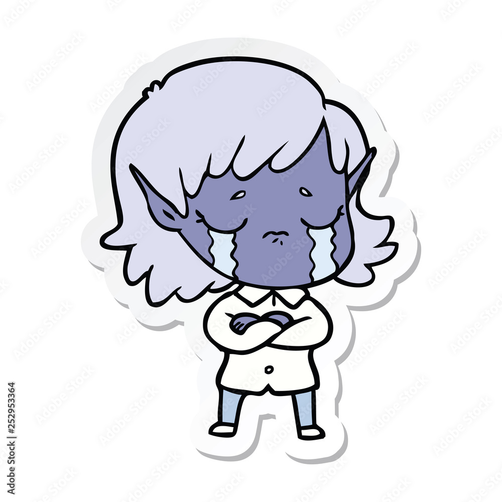 sticker of a cartoon crying elf girl