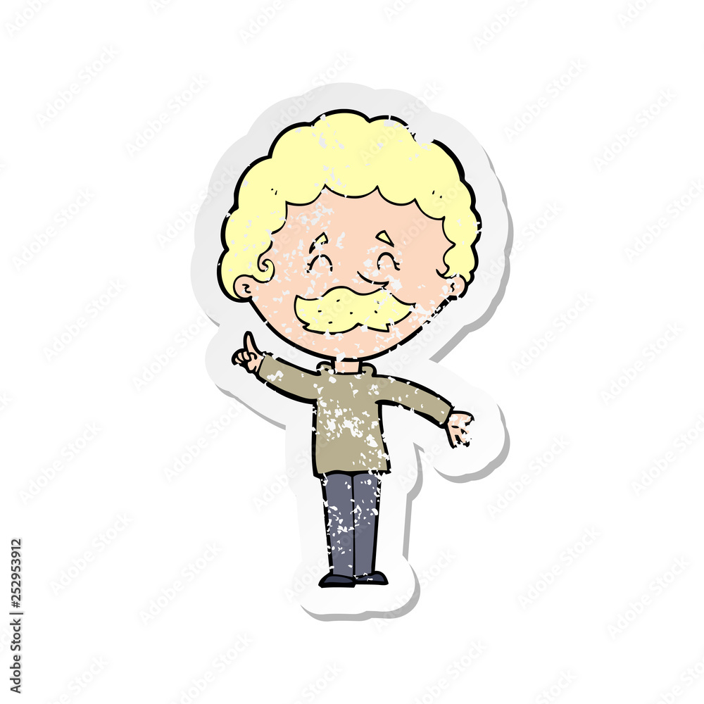 retro distressed sticker of a cartoon man with idea retro distressed sticker of a cartoon man with idea
