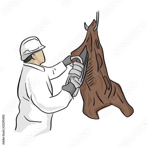 male butcher using chainsaw to cut hanging meat vector illustration with black lines isolated on white background
