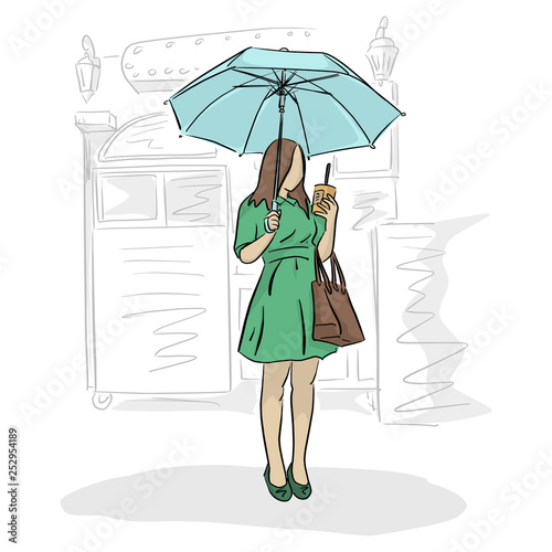 woman under umbrella and coffee in her hand with coffee shop vector illustration with black lines isolated on white background.