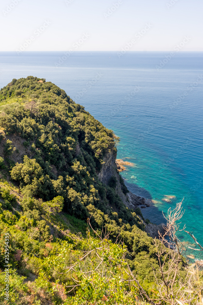 Italy, Cinque Terre, Corniglia, a close up of a hillside next to a body of water