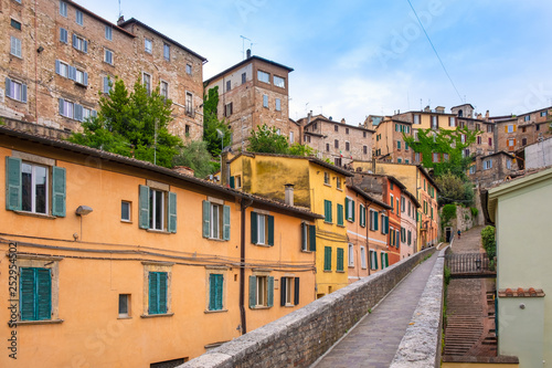 Perugia, Italy - Panoramic view of the historic aqueduct forming Via dell Acquedotto pedestrian street along the ancient Via Appia street in Perugia historic quarter