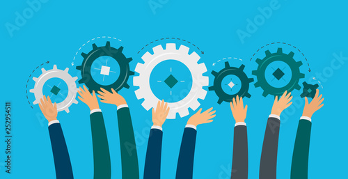 Teamwork, hands hold gears. Idea, brainstorm, business concept. Cooperation vector illustration
