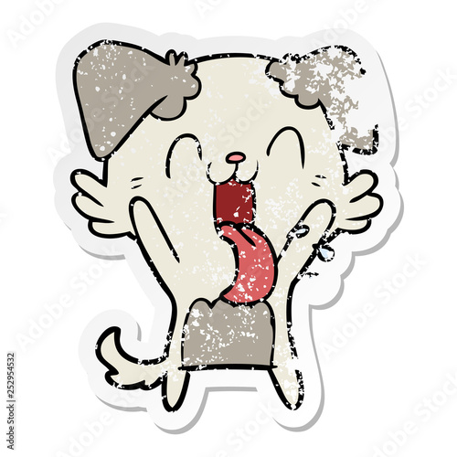 distressed sticker of a cartoon panting dog waving
