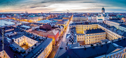 Aerial sunset view of Helsinki in winter time, Finland