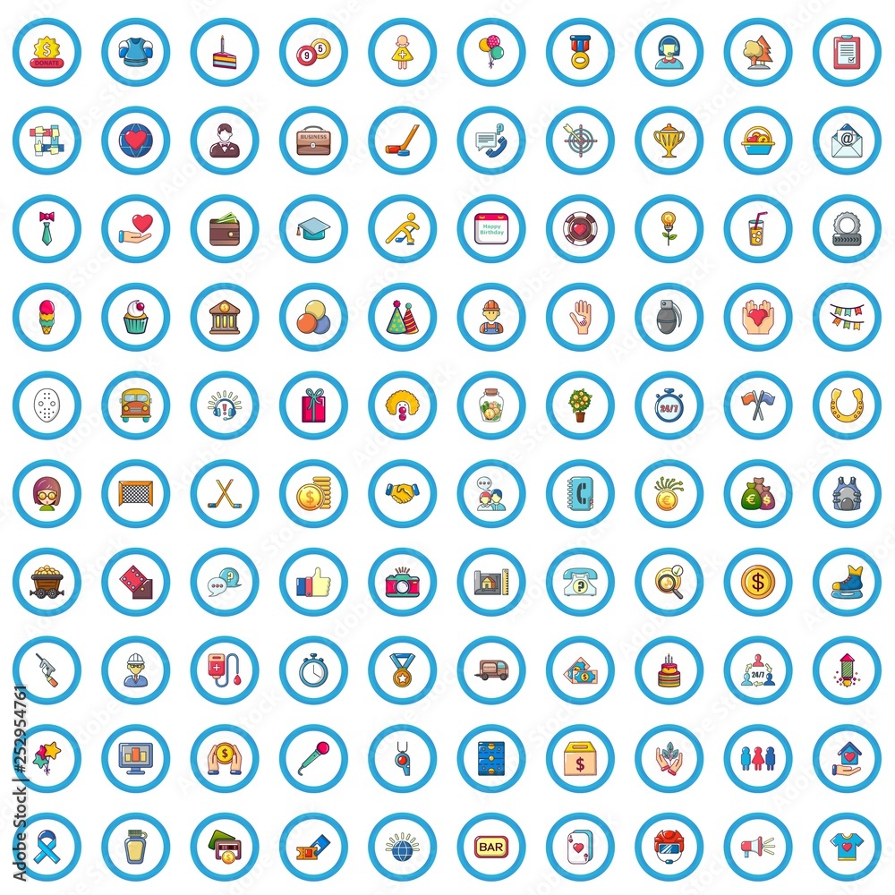 100 communication icons set. Cartoon illustration of 100 communication vector icons isolated on white background