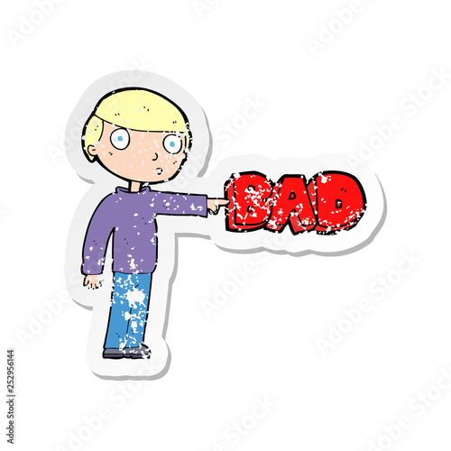retro distressed sticker of a cartoon man pointing out the bad