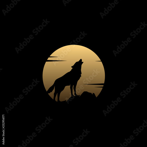 Silhouette of Howling Wolf with  Golden Full Moon Moonlight at Night Illustration logo design