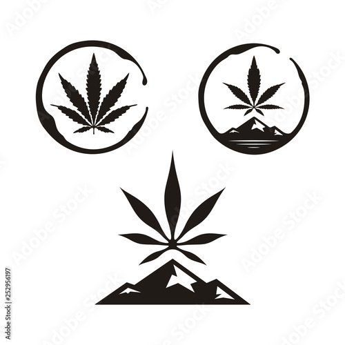 Hemp Cannabis Pot Weed Leaf with Beverages Wine Stain and Mountain Logo design