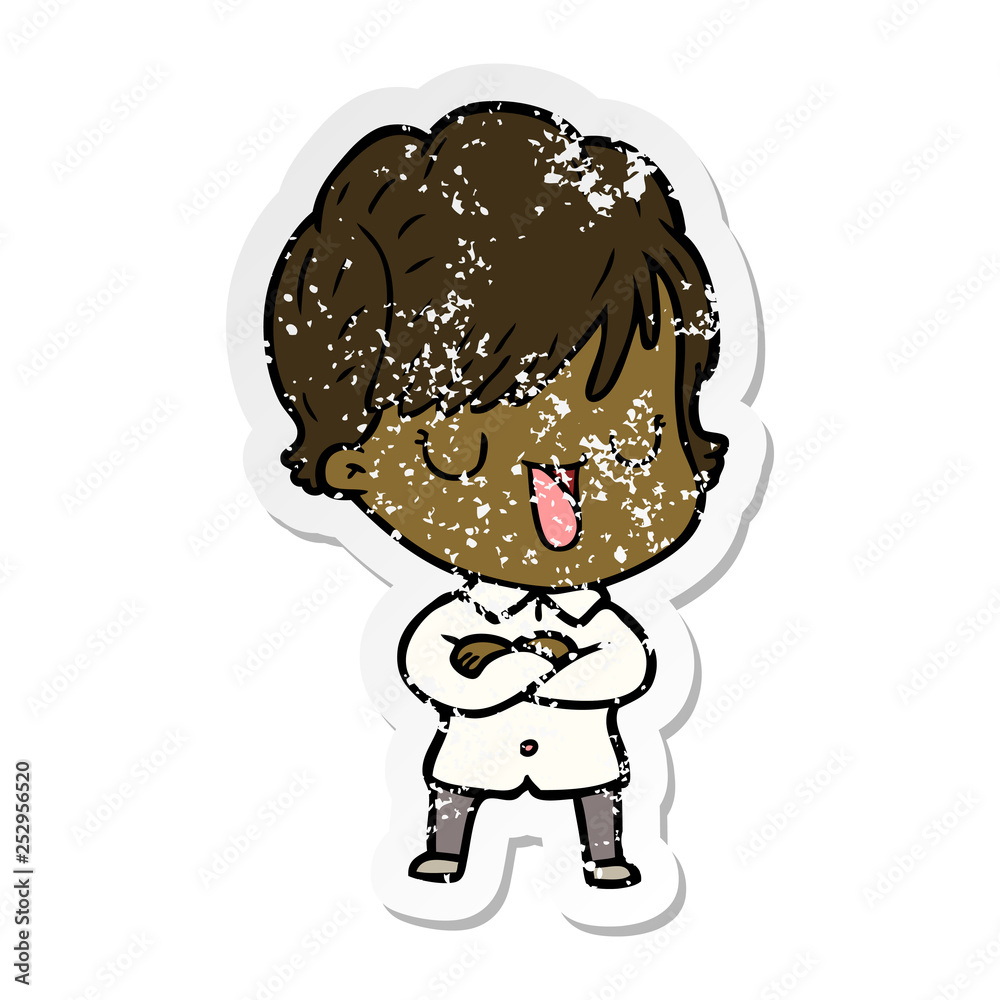 distressed sticker of a cartoon woman talking