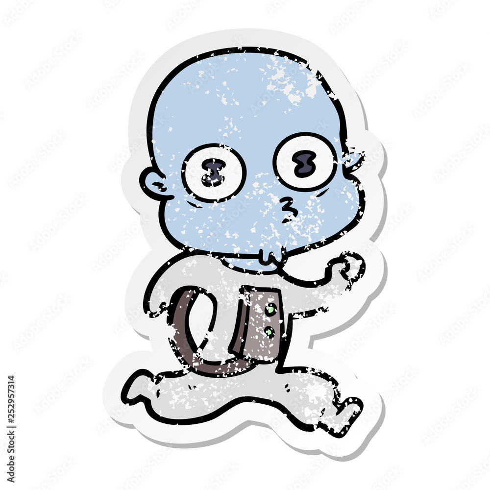 distressed sticker of a cartoon weird bald spaceman running