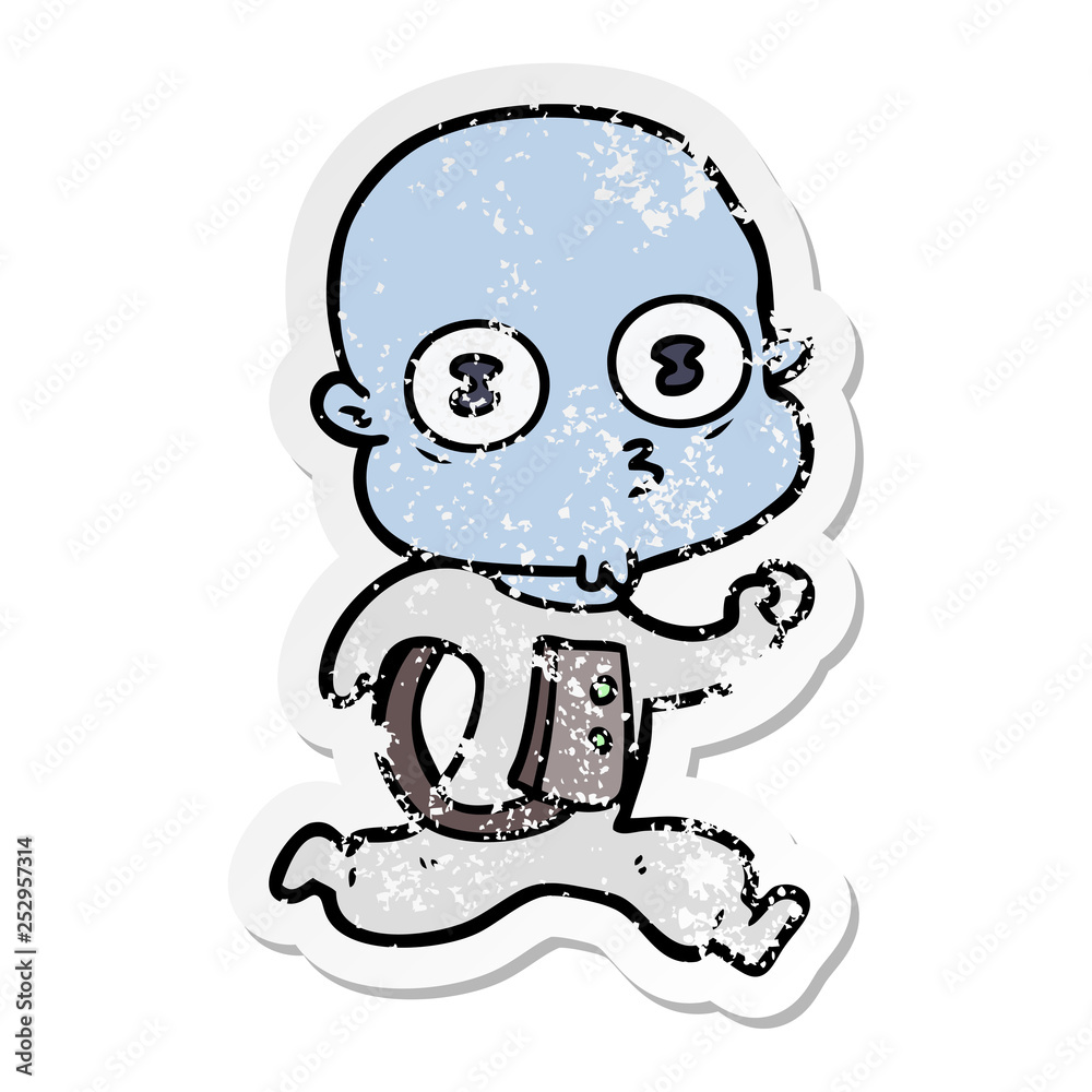 distressed sticker of a cartoon weird bald spaceman running distressed sticker of a cartoon weird bald spaceman running