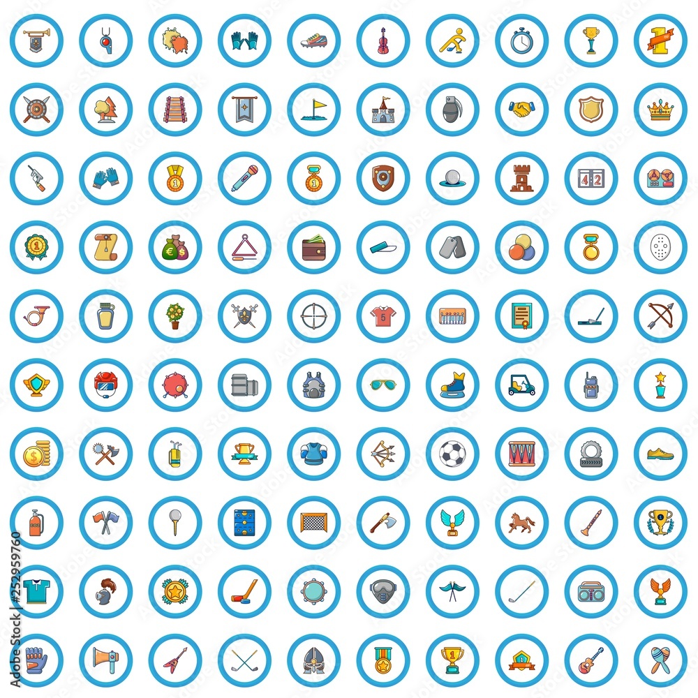 100 competition icons set. Cartoon illustration of 100 competition vector icons isolated on white background