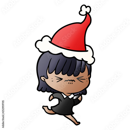 annoyed gradient cartoon of a girl wearing santa hat