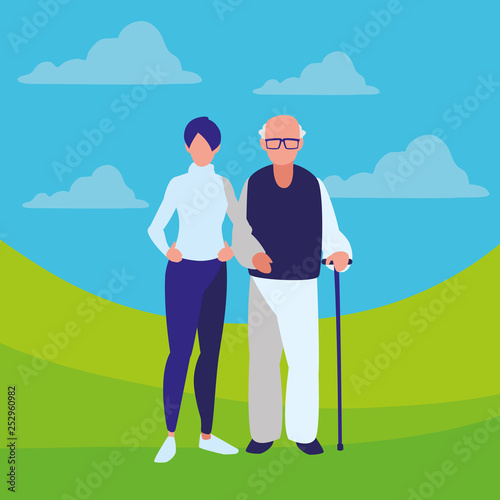 cute grandfather with daughter characters