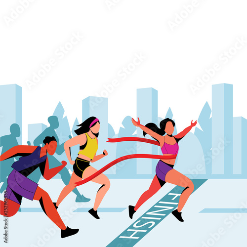 Young girl wins in city marathon. Vector flat illustration. Winner with red ribbon on finish line.