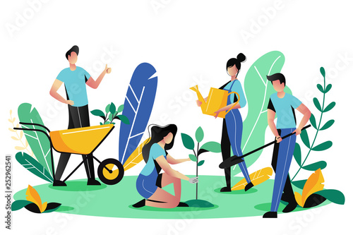 Volunteering, charity social concept. Volunteer people plant trees in park, vector illustration. Ecological lifestyle