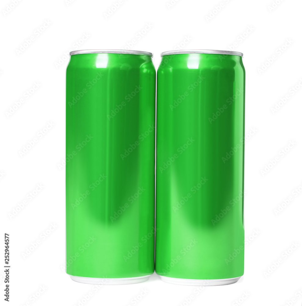 Blank metal green cans on white background. Mock up for design Blank metal green cans on white background. Mock up for design