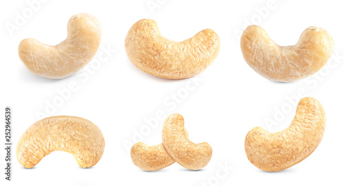 Set of different delicious organic cashew nuts on white background