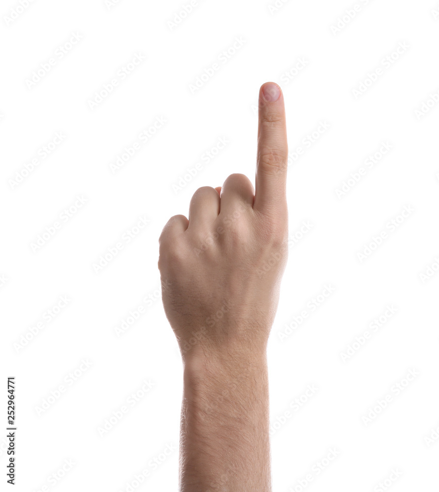Man pointing at something on white background, closeup of hand Man pointing at something on white background, closeup of hand