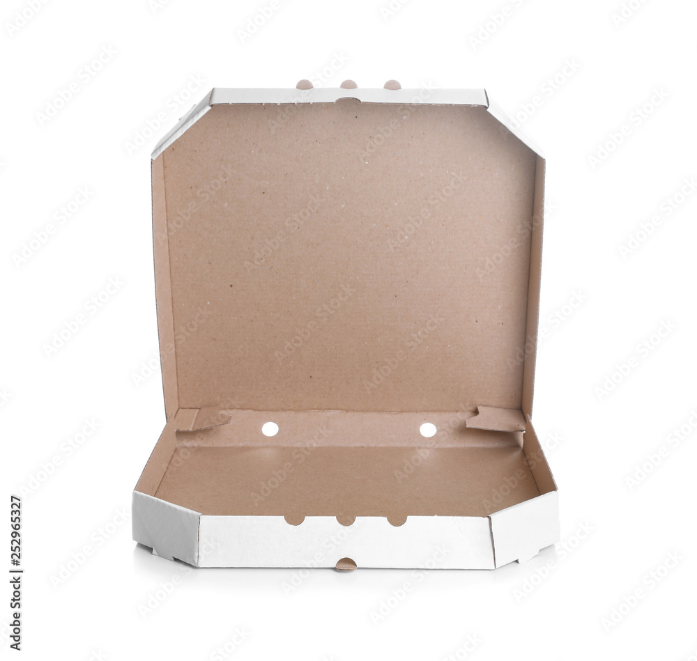 Open cardboard pizza box on white background Open cardboard pizza box on white background