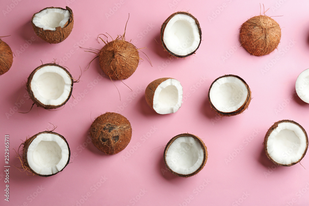 Coconut pattern on color background, flat lay Coconut pattern on color background, flat lay
