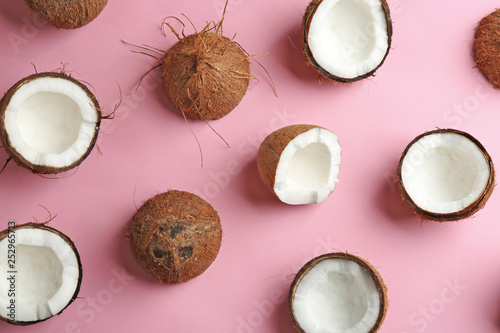 Coconut pattern on color background, flat lay