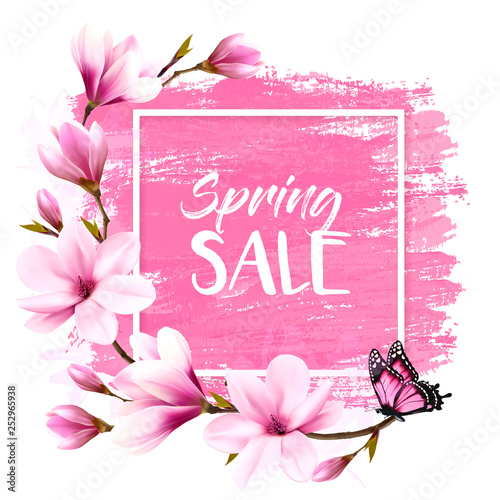 Spring sale background with pink blooming magnolia and butterfly. Vector