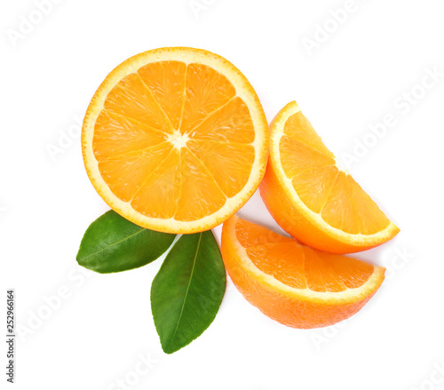 Fresh orange slices on white background, top view