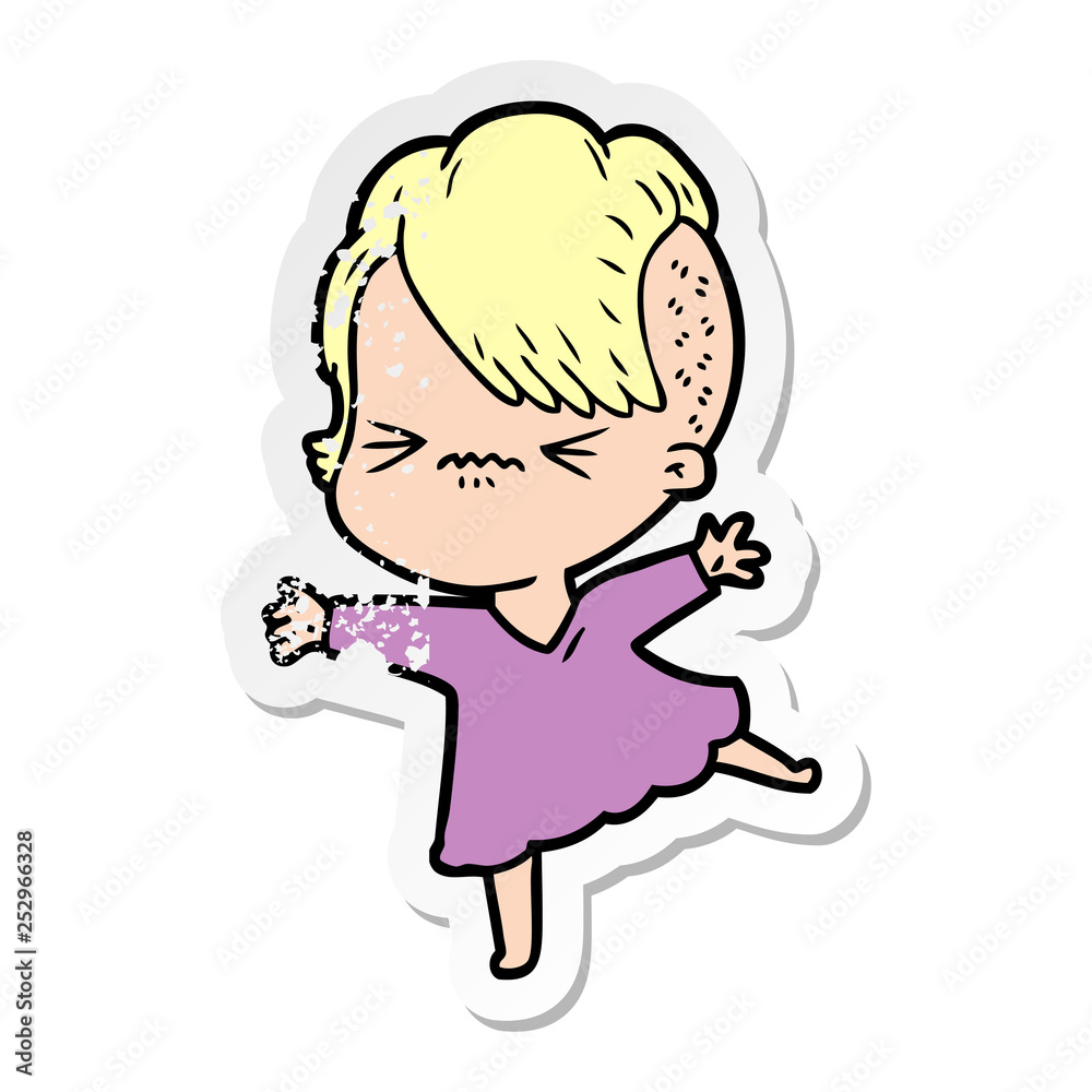 distressed sticker of a cartoon annoyed hipster girl distressed sticker of a cartoon annoyed hipster girl