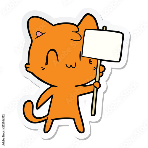 sticker of a cartoon happy cat with blank sign