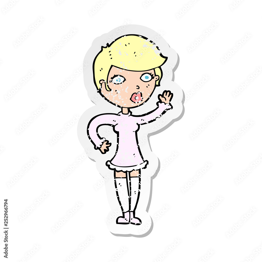 retro distressed sticker of a cartoon pretty woman waving
