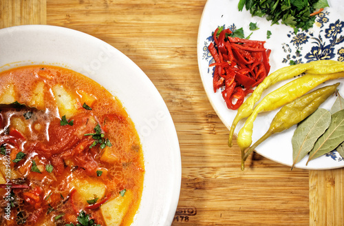 Traditional potato soup with chili Peppers