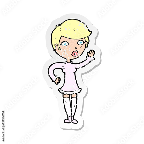 retro distressed sticker of a cartoon pretty woman waving
