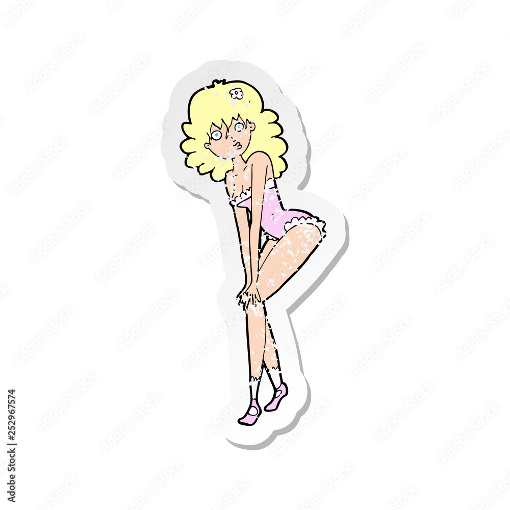 retro distressed sticker of a cartoon woman in lingerie