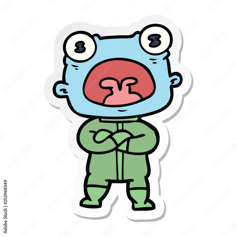 sticker of a cartoon weird alien communicating sticker of a cartoon weird alien communicating