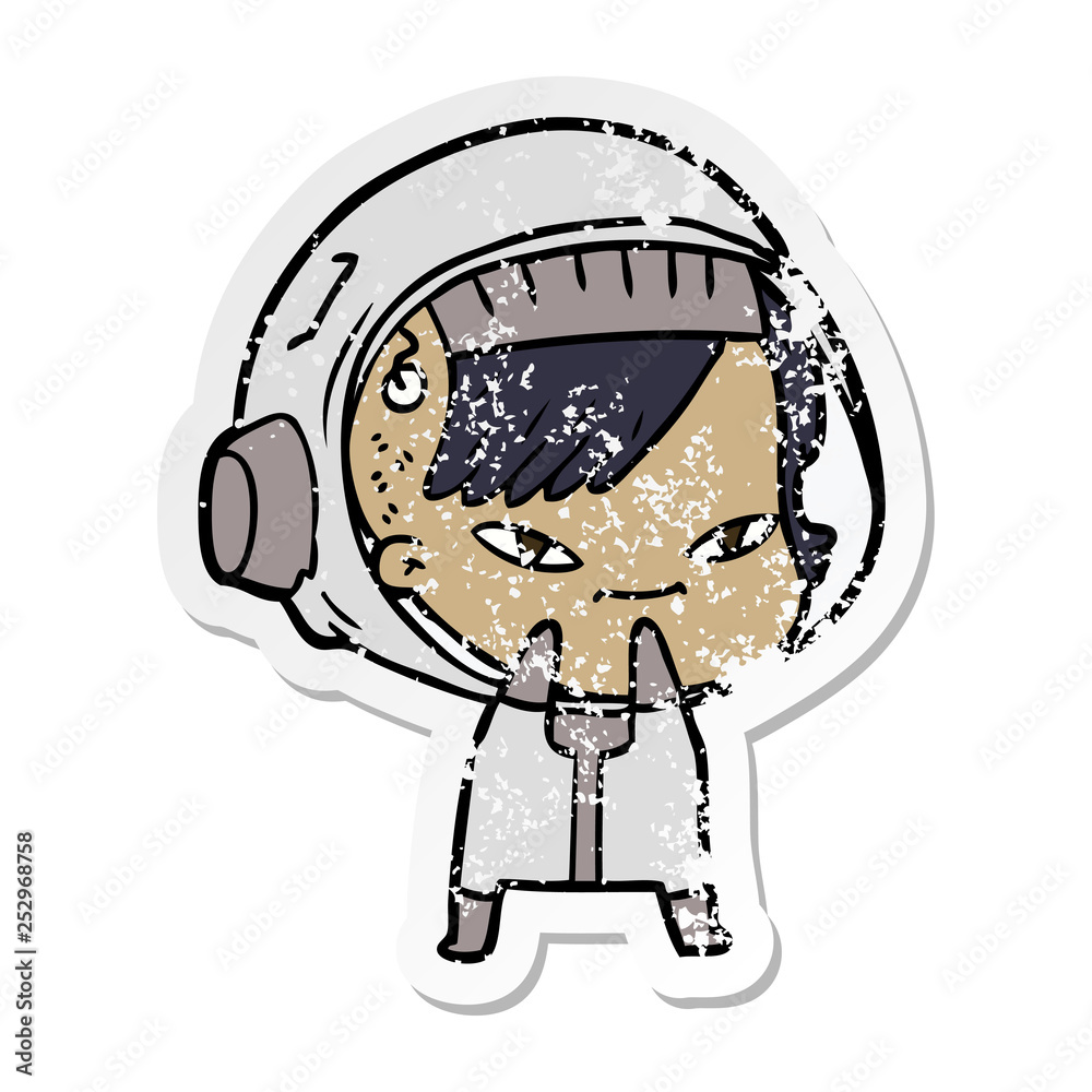 distressed sticker of a cartoon astronaut woman distressed sticker of a cartoon astronaut woman