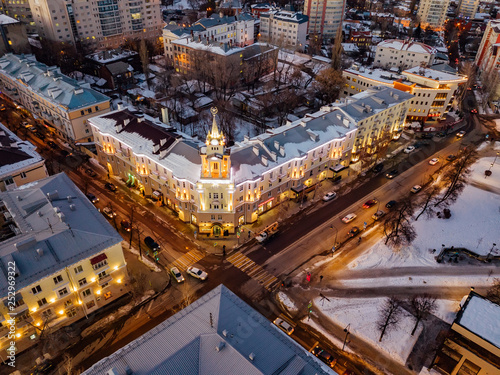 Night Voronezh downtown district. Aerial view taken by drone