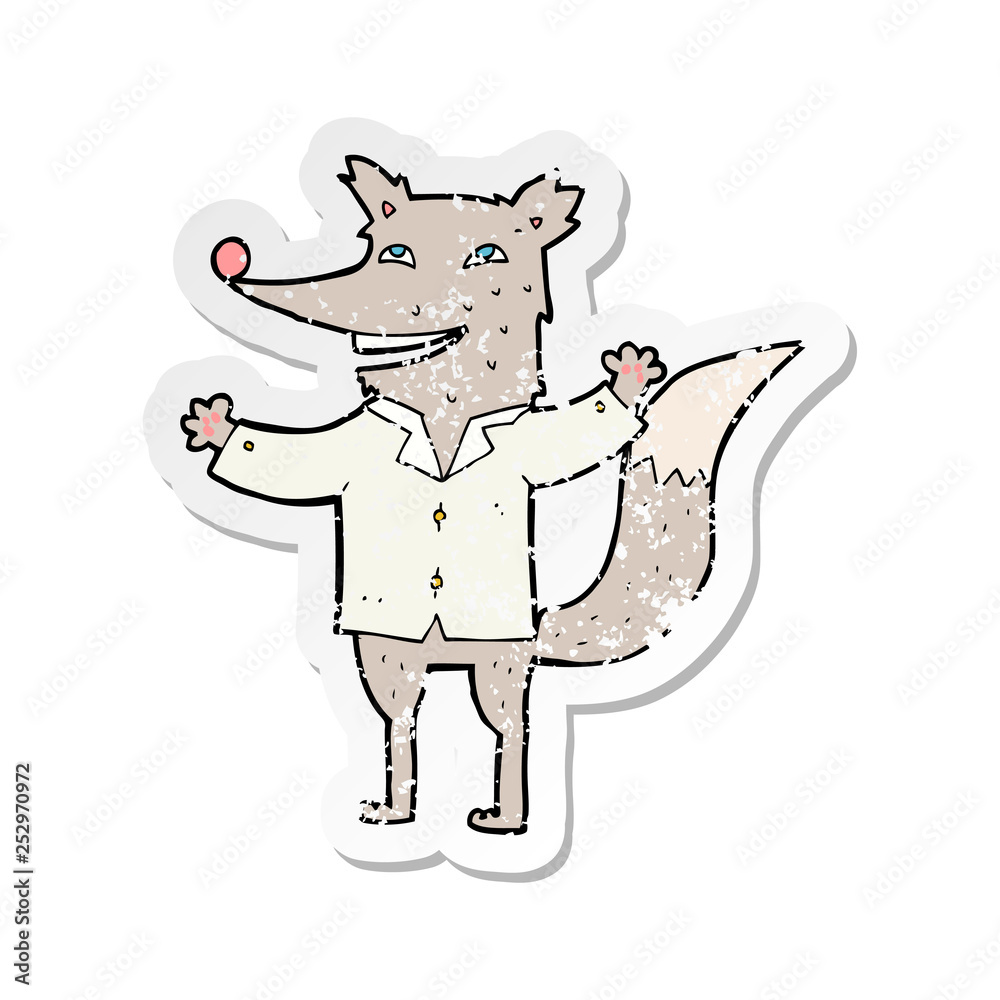 Fototapeta premium retro distressed sticker of a cartoon happy wolf wearing shirt