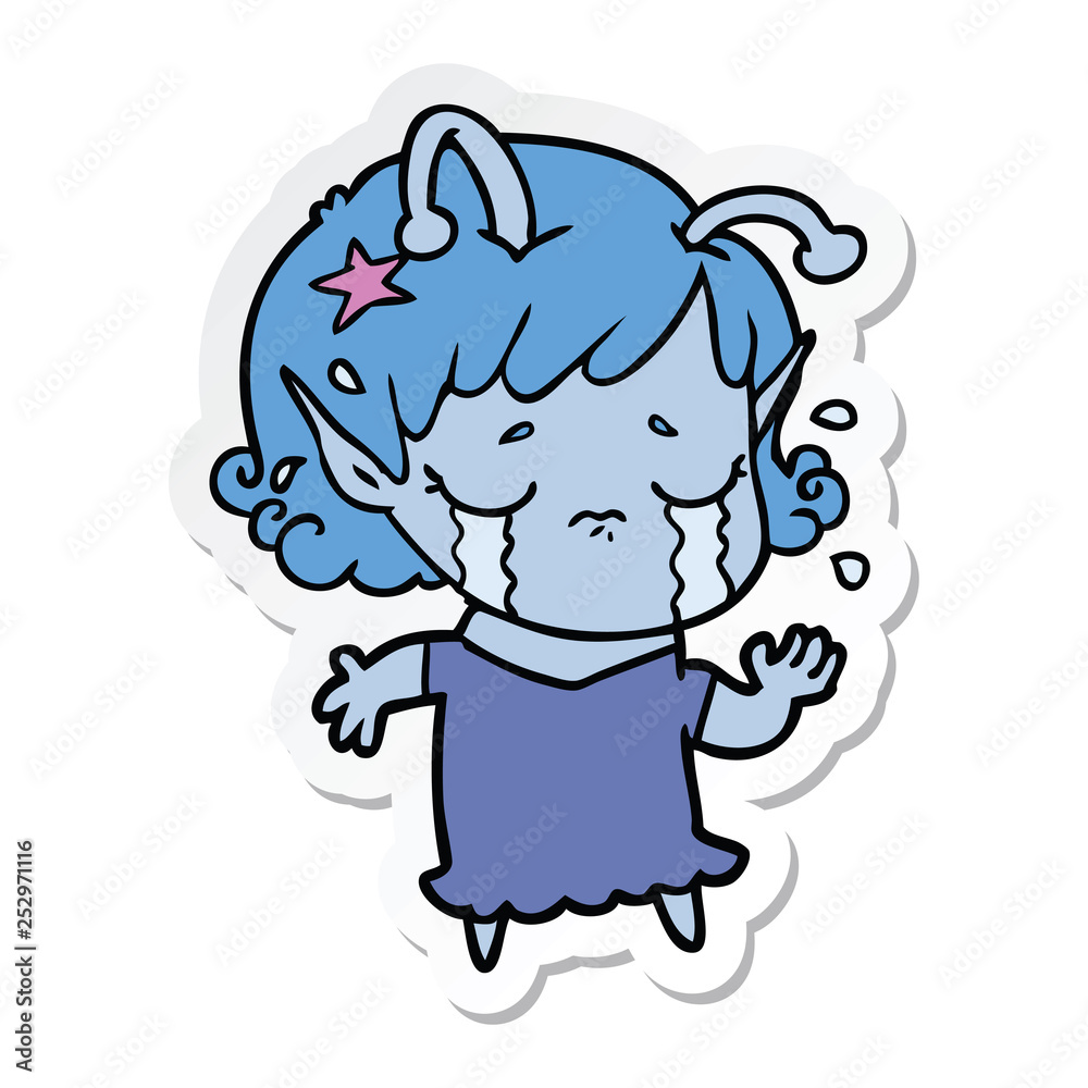 sticker of a cartoon crying alien girl sticker of a cartoon crying alien girl