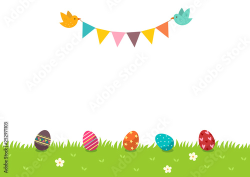 Easter eggs on the grass and bunting flag with birds.Happy Easter background