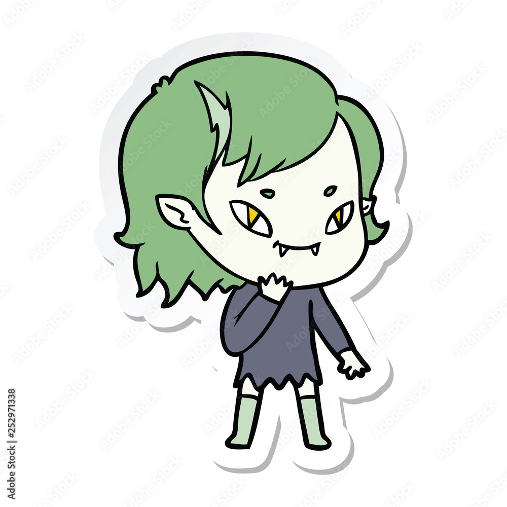 sticker of a cartoon friendly vampire girl considering sticker of a cartoon friendly vampire girl considering