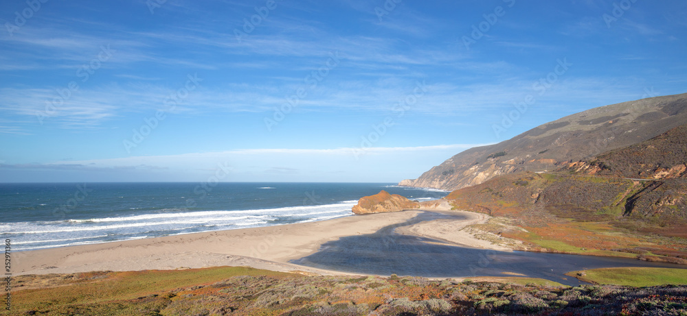 Mouth of the Little Sur river where it meets the Pacific Ocean at Point Sur on the Central California coast - United States