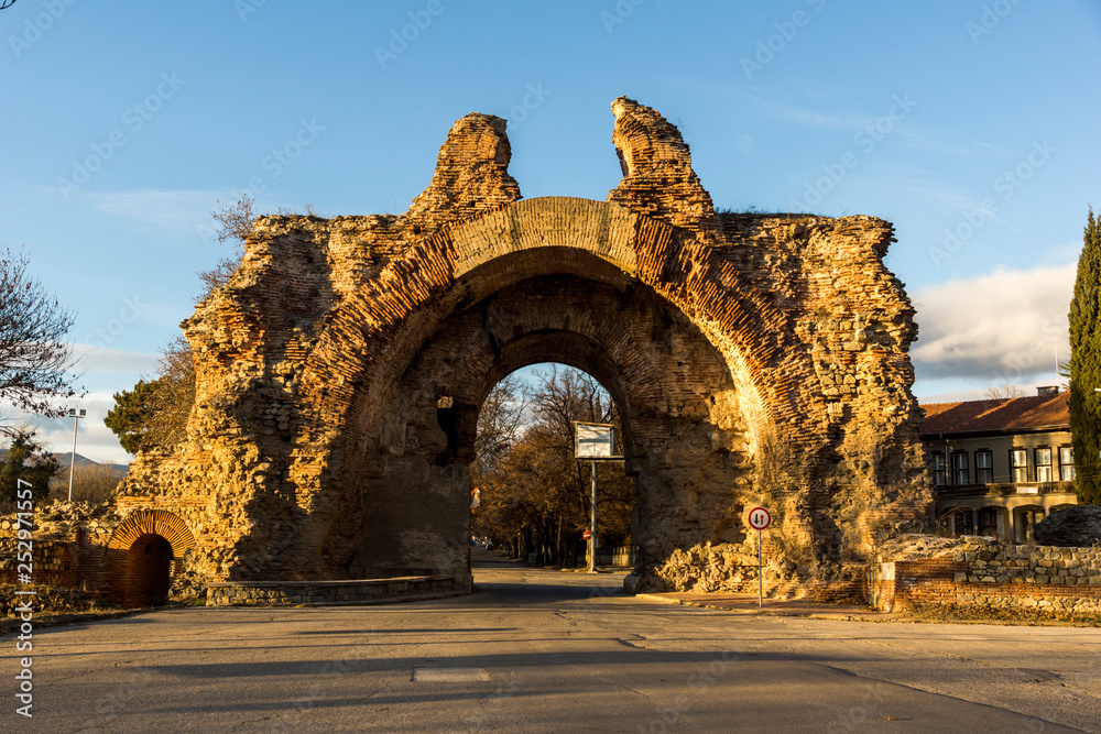 Sunset view of The South gate know as The Camels at roman fortifications in ancient city of Diocletianopolis, town of Hisarya, Plovdiv Region, Bulgaria