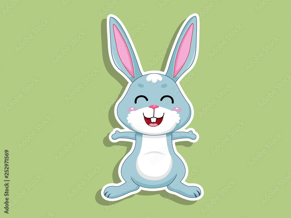 Cute Cartoon Rabbit Sticker on color background. Vector Illustration With Cartoon Style Funny Animal