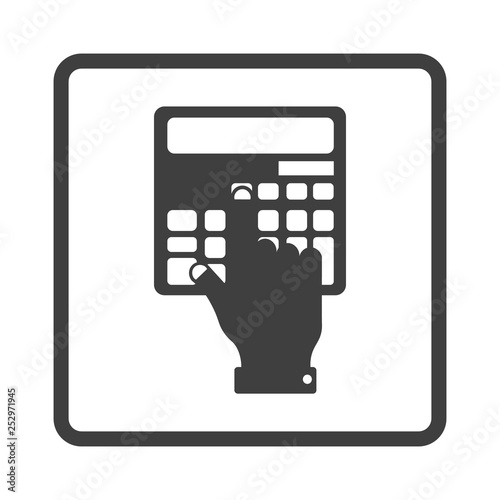 Financial calculations icon in square frame. Finger touching the calculator button