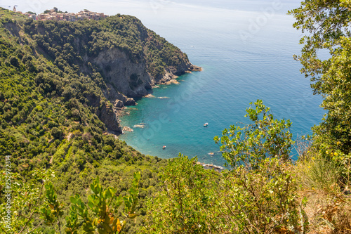 Italy, Cinque Terre, Corniglia, HIGH ANGLE VIEW OF BAY AGAINST CLEAR SKY